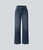 FlexTM Asymmetric Low Rise Zipper Pockets Baggy Wide Leg Washed Casual Jeans