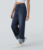 FlexTM High Waisted Multiple Pockets Rolled Hem Wide Leg Washed Stretchy Knit Casual Jeans