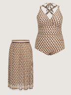 Geometric Print Sheer Split Hem One-Piece Swimsuit