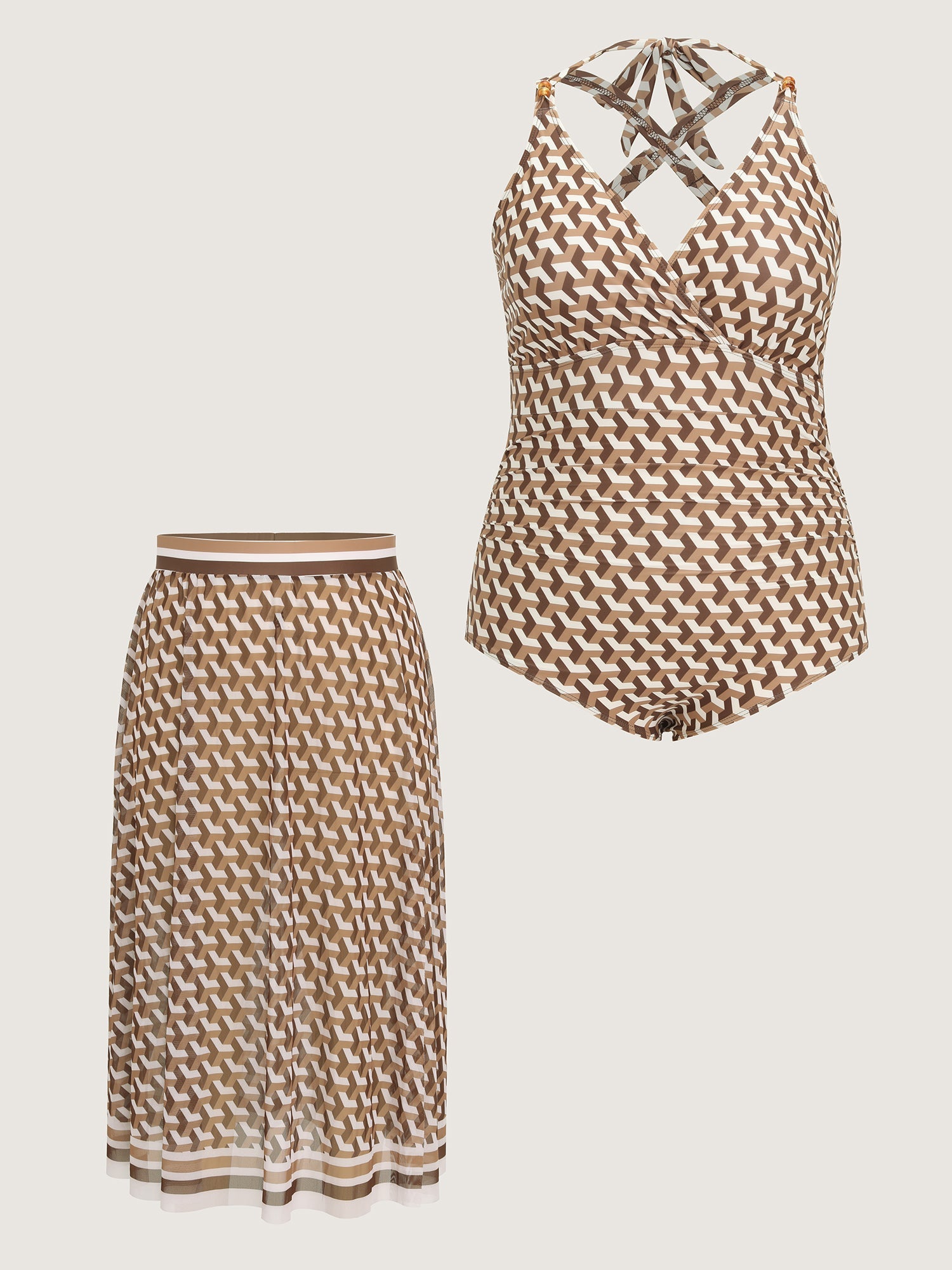 Geometric Print Sheer Split Hem One-Piece Swimsuit
