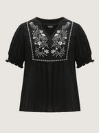 Supersoft Floral Embroidered Notched Collar Blouse