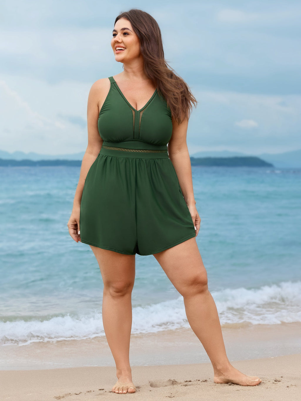 Sheer Mesh Panel V-Neck One-Piece Swimsuit