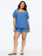 Eyelet Trim Floral Embroidered Solid T-Shirt