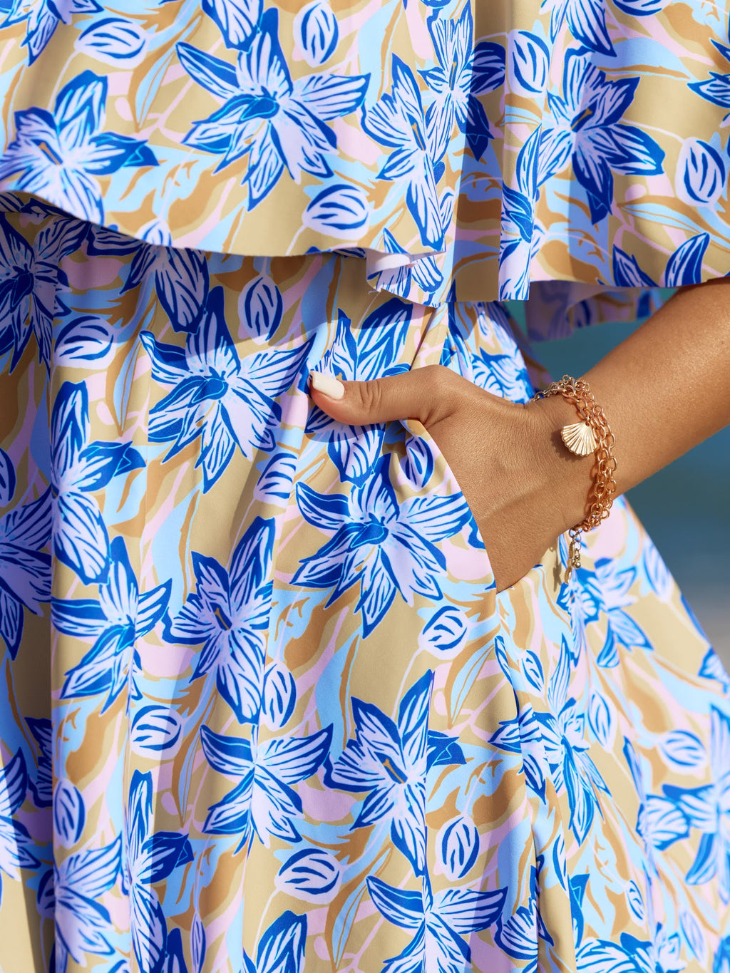 Floral Ruffle Trim Off Shoulder Pockets Swim Dress