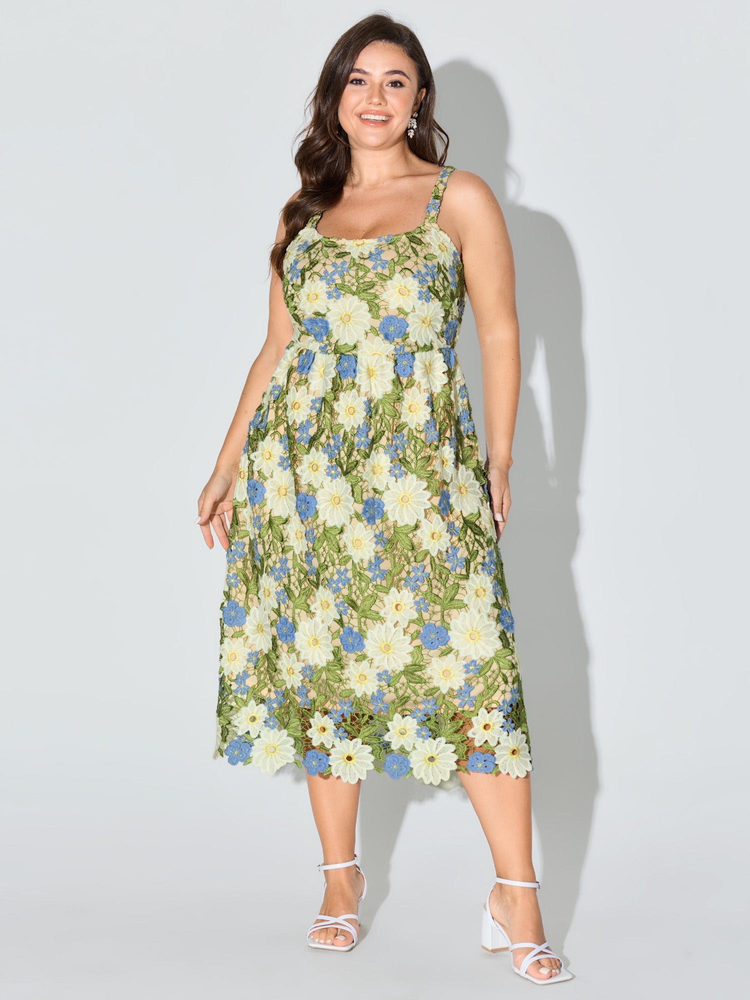 Floral Embroidered Sleeveless Midi Dress