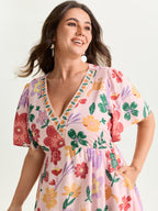 Colorful Floral Print V-Neck Mini Dress