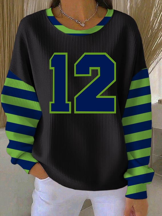 Women's Rugby Print Knit Crew Neck Long Sleeve Top
