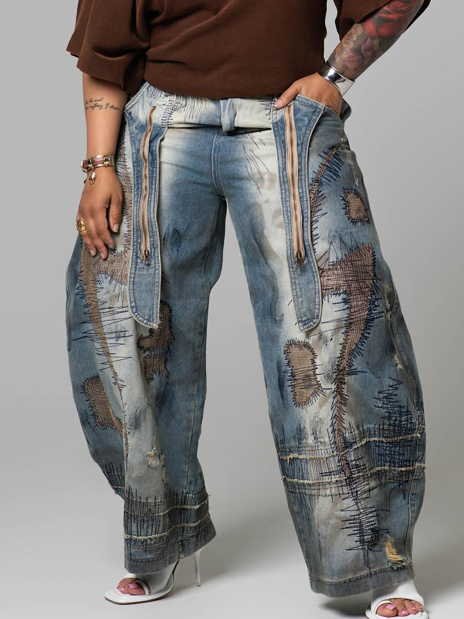 Fashion Asymmetric Placket Cocoon Silhouette Washed Jeans
