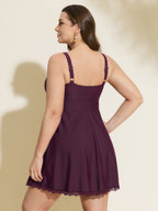 Sheer Lace Neckline Pockets Swim Dress