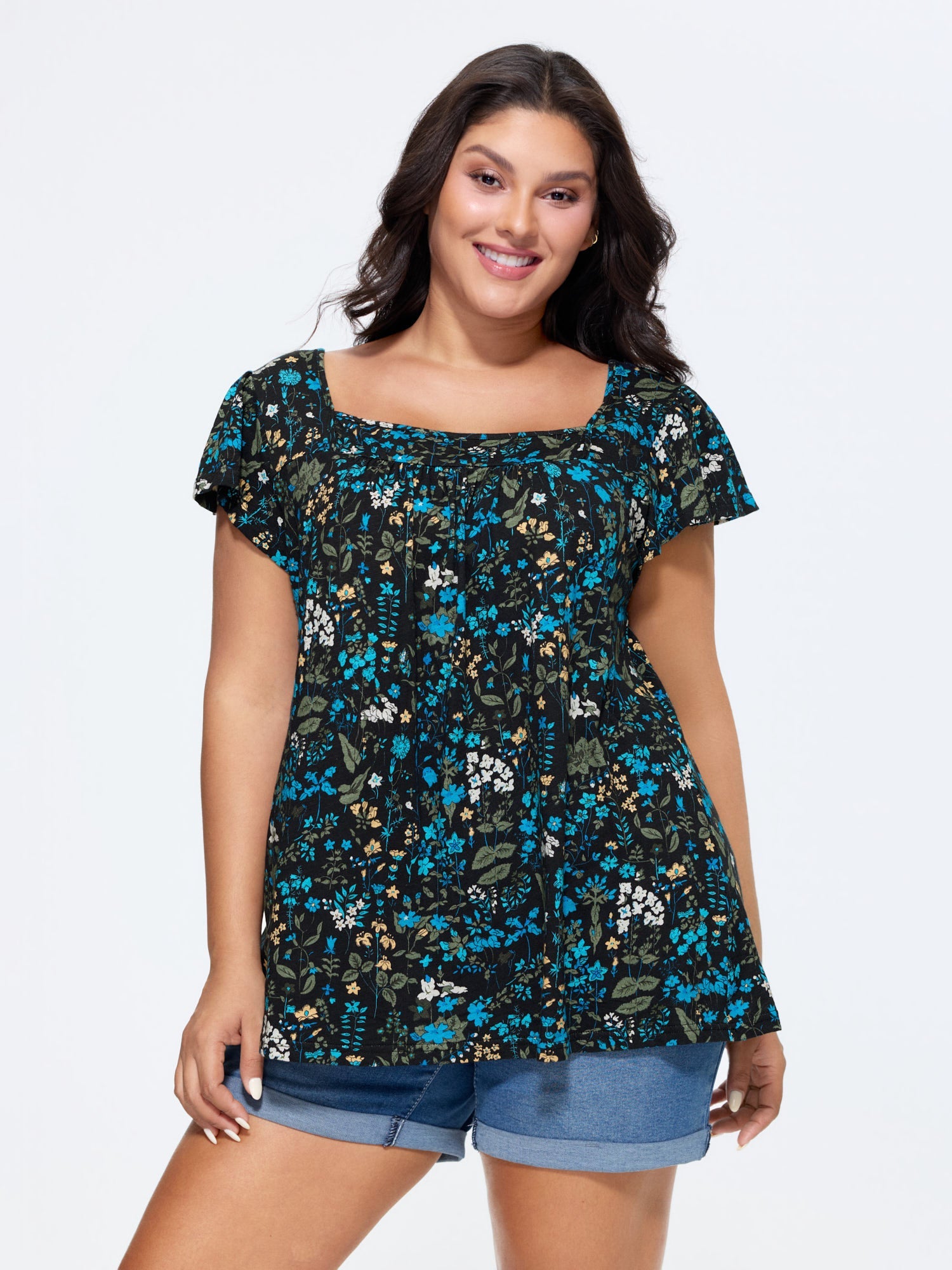 Pure Cotton Floral Print Square Neck Top