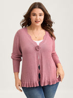 Supersoft Textured Floral Button Ruffled Hem Knit Cardigan