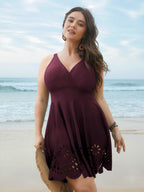 Laser Cut Surplice Neck Waist-Cinched Swim Dress