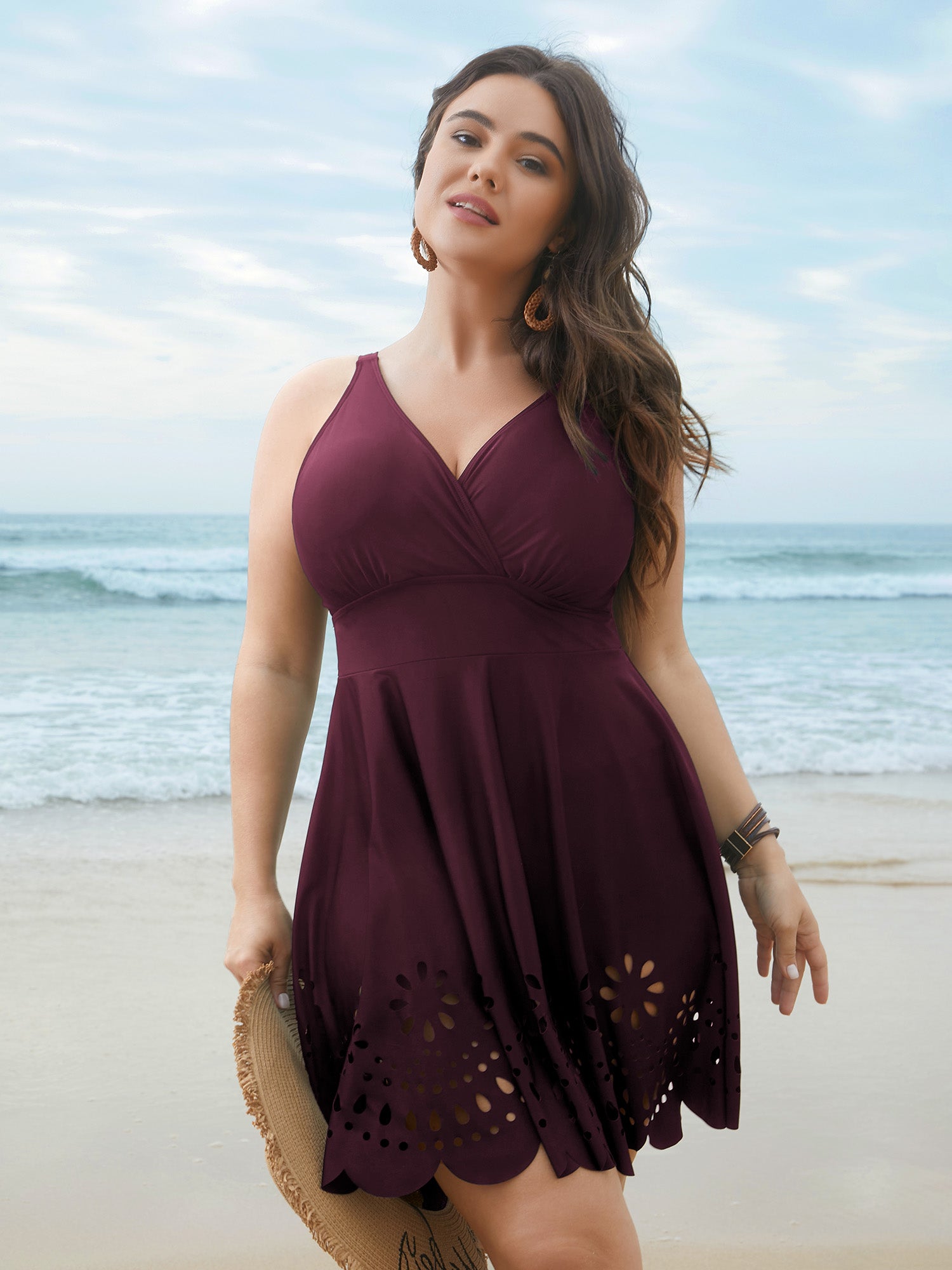 Laser Cut Surplice Neck Waist-Cinched Swim Dress