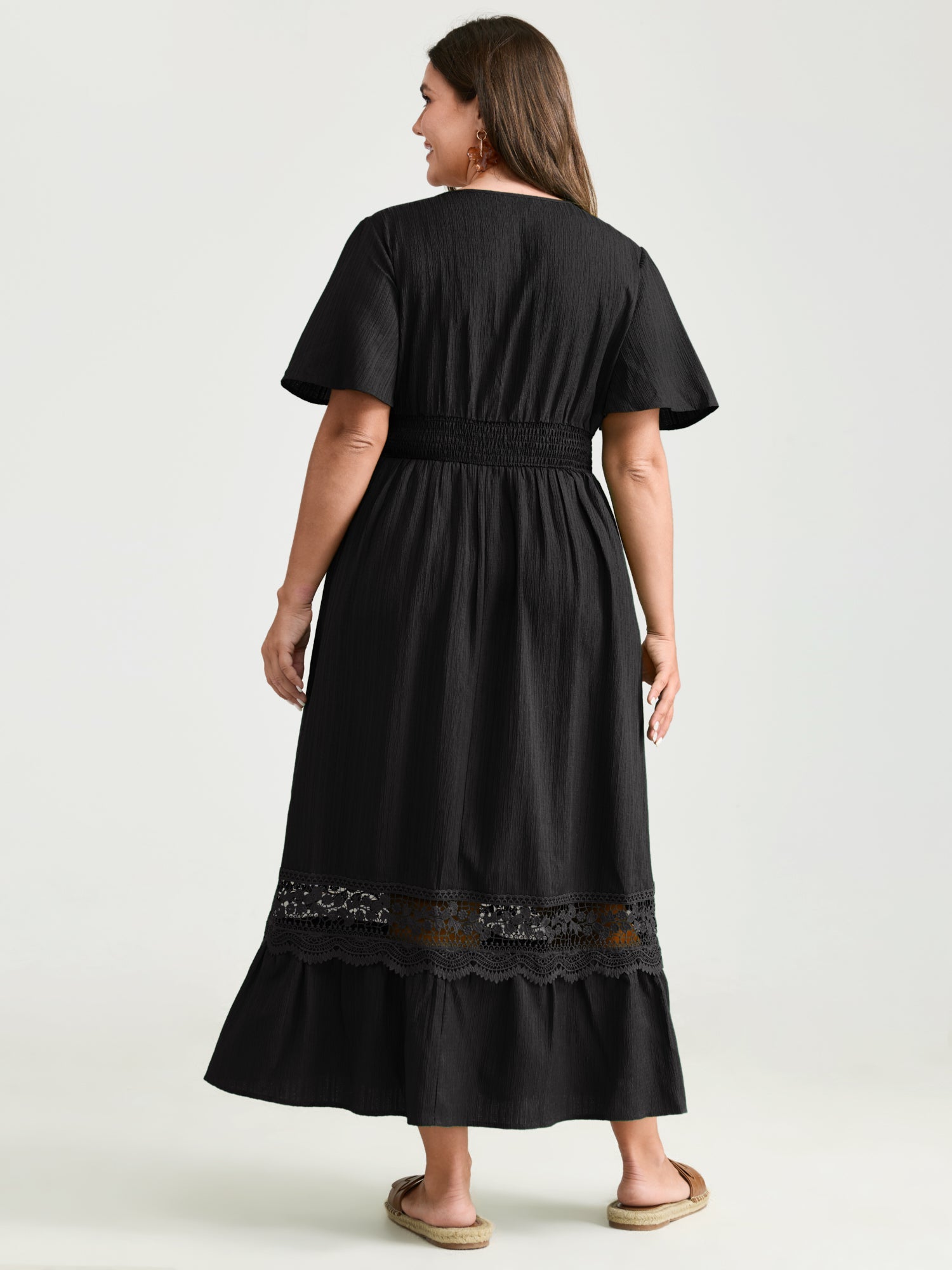 Lace Cut-Out Shirred Solid Maxi Dress