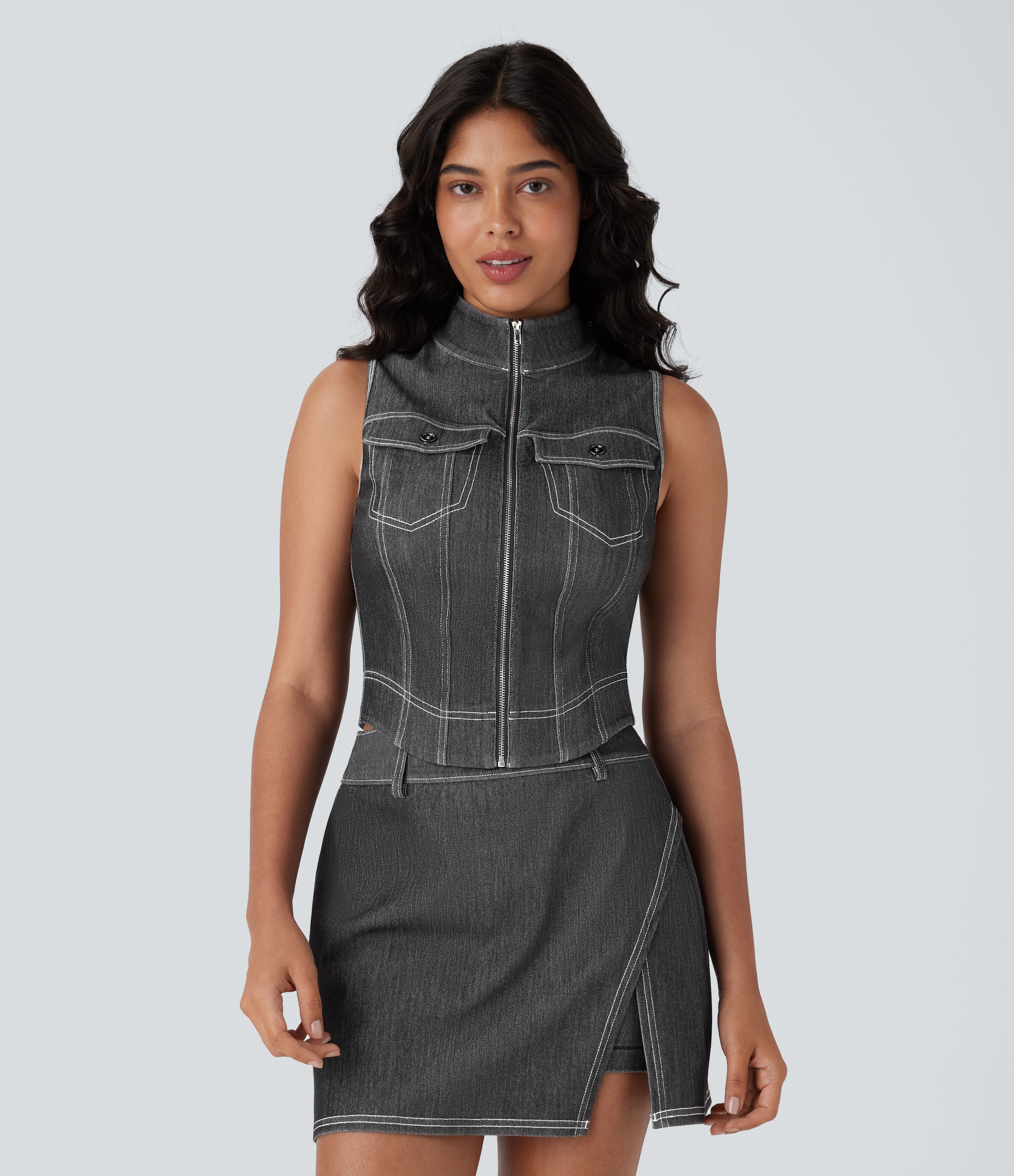 FlexTM Stand Collar Zipper Cool Touch Washed Denim Tennis Tank Top