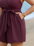 Surplice Neckline Belted Plain One-Piece Swimsuit