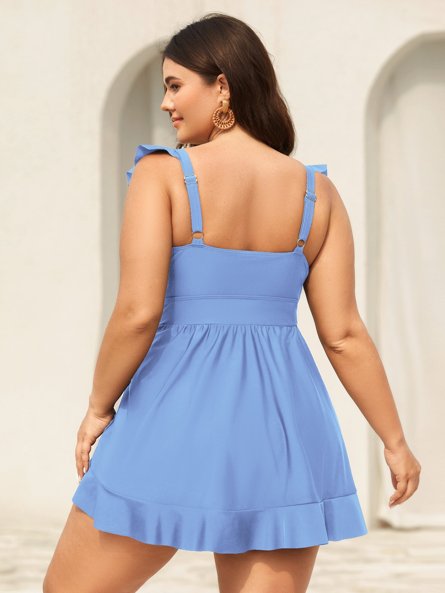 Ruffled Hem Flutter Sleeve Drawstring Swim Dress