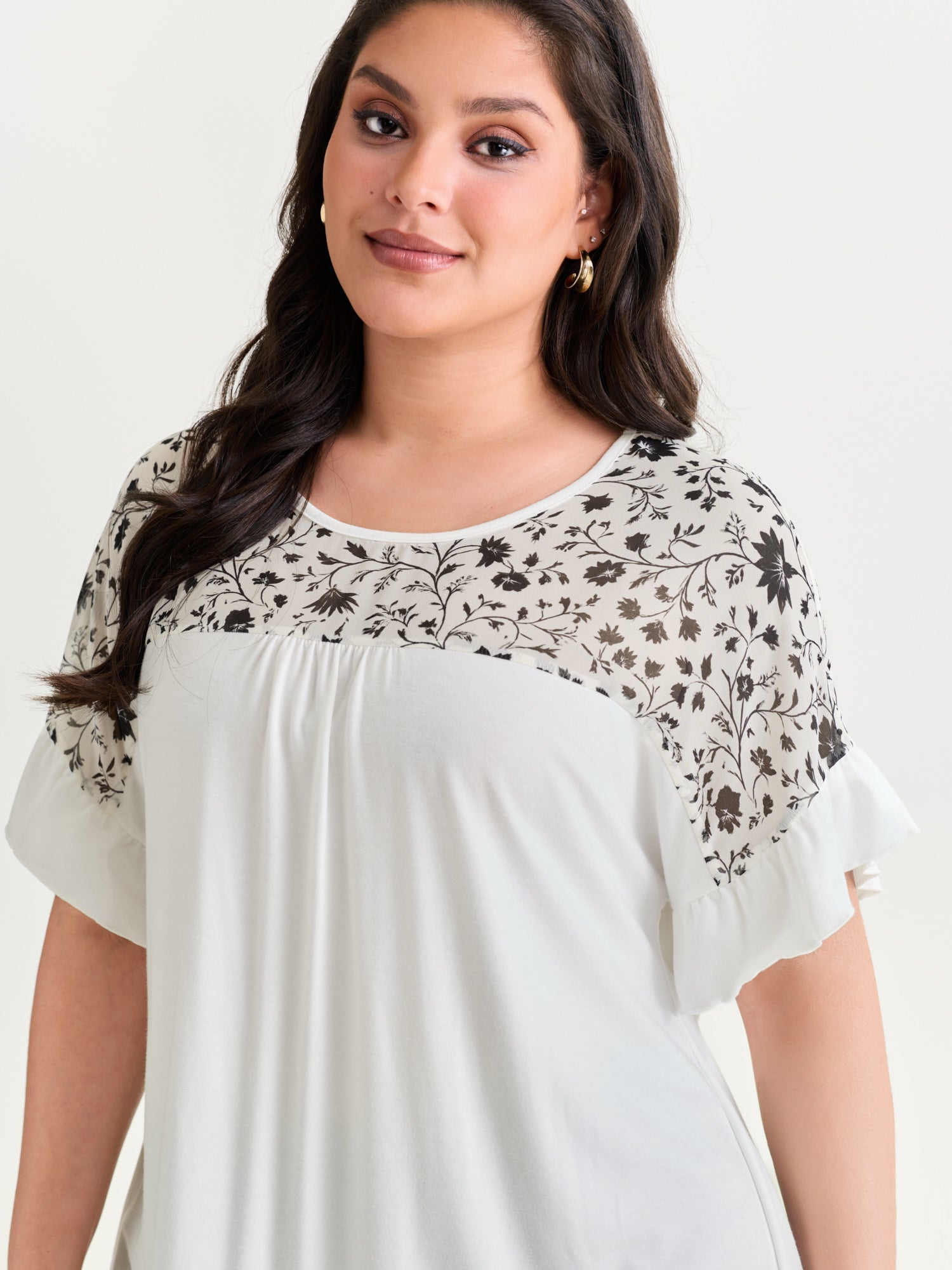 Sheer Floral Print Contrast Knit Top