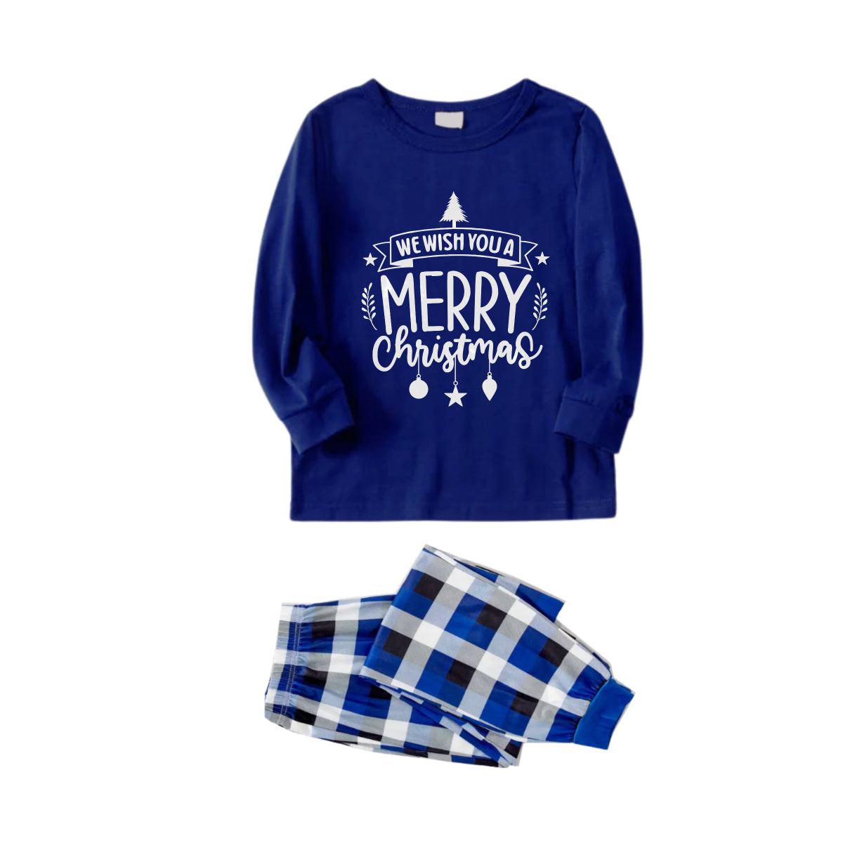 Christmas Family Matching Pajamas-Navy & White Plaid Pjs Set with "We Wish You A Merry Christmas" Print