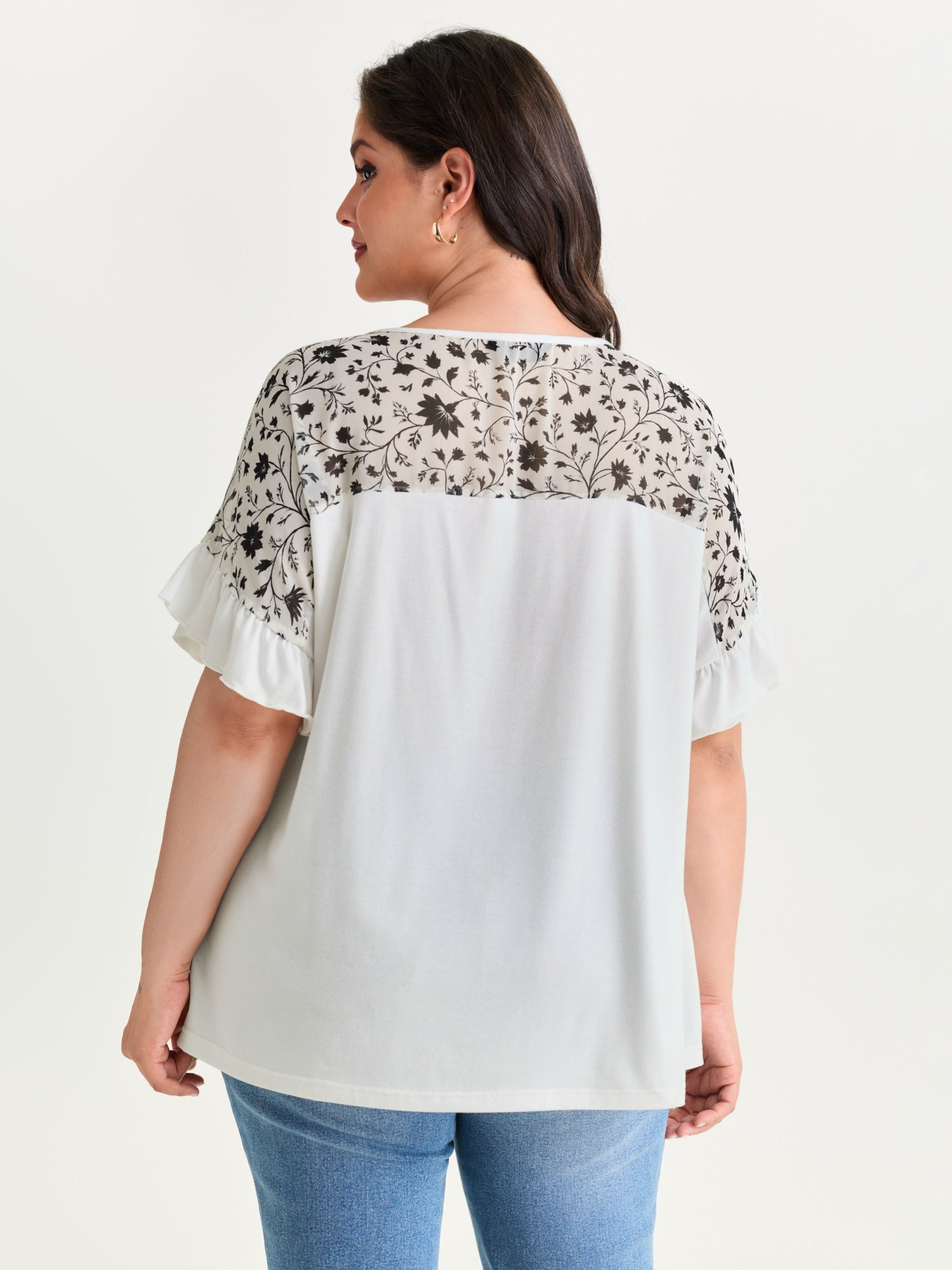 Sheer Floral Print Contrast Knit Top