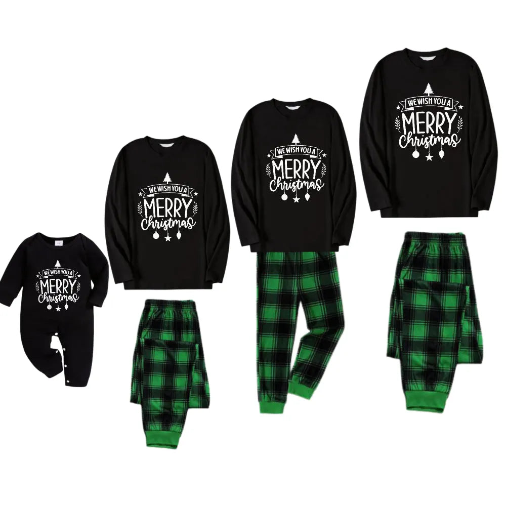 Christmas Family Matching Pajamas-Black Top and Green Plaid Pants Pjs Set with "We Wish You A Merry Christmas" Black&White Print