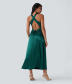 Tie Back Ruched Maxi Satin Dress