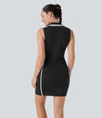 SoftlyZeroTM Airy Color Block Polo Zip Sleeveless Bodycon Cool Touch Mini Casual Dress-UPF50+