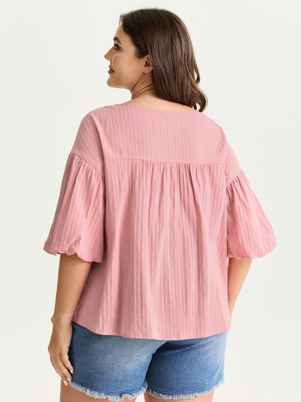 Cotton Striped V-Neck Bubble Sleeve Blouse