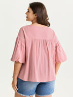 Cotton Striped V-Neck Bubble Sleeve Blouse