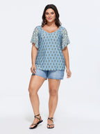 Supersoft Floral Print Flared Sleeve Pleated Knit Top