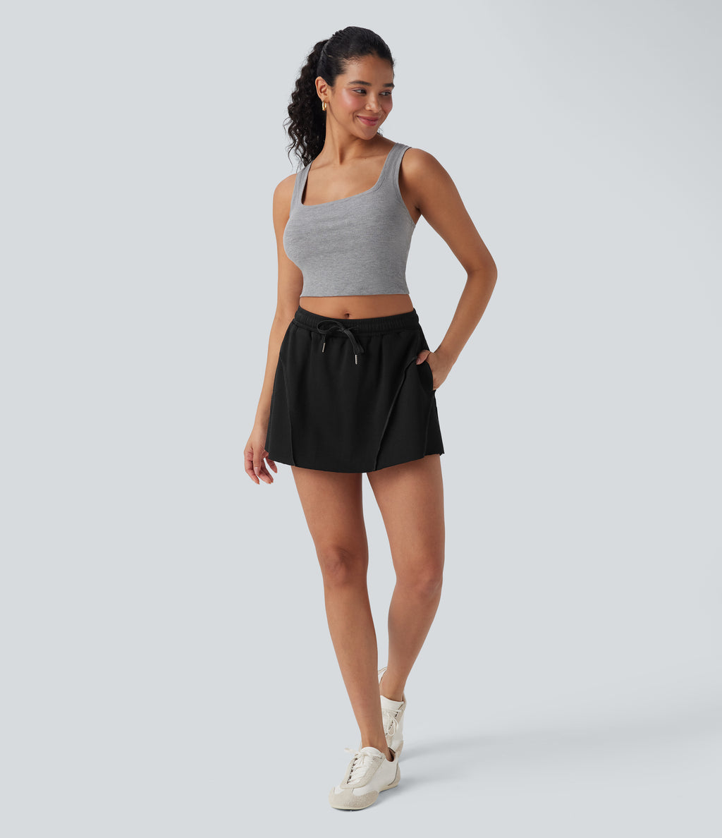 Mid Rise Drawstring 2-in-1 Micro Mini Casual Skirt with Pockets
