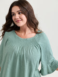 Ruffled Sleeve Shirred Neckline Plain Top