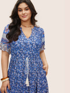 Boho Print Notched Ties Tassel Trim Dress
