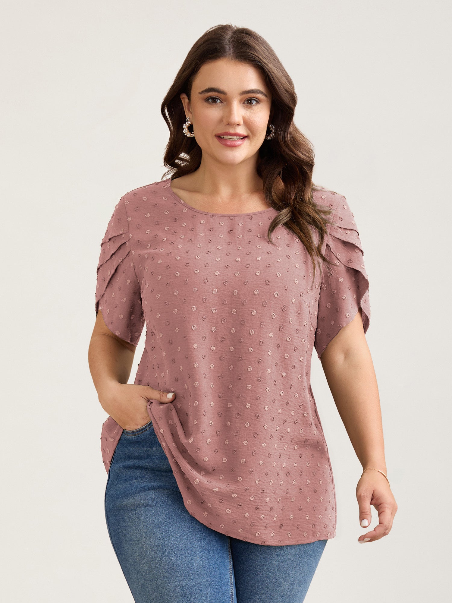 Textured Color Contrast Petal Sleeve Blouse