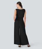 Ribbed Cowl Neck Sleeveless Wide Leg Casual Jumpsuit with Pockets