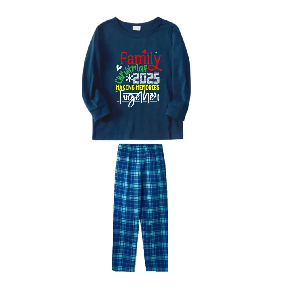 Christmas Family Matching Pajamas-Navy & Sky Blue Plaid Pjs Set with "Family Christmas 2025 Making Memories Together" Artistic Font Print