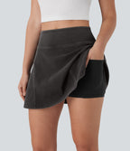 FlexTM High Waisted 2-in-1 A Line Mini Washed Denim Casual Skirt with Pockets