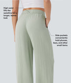 Women Summer High Waisted Drawstring Pocket Wide Leg Casual Linen-Feel Pants