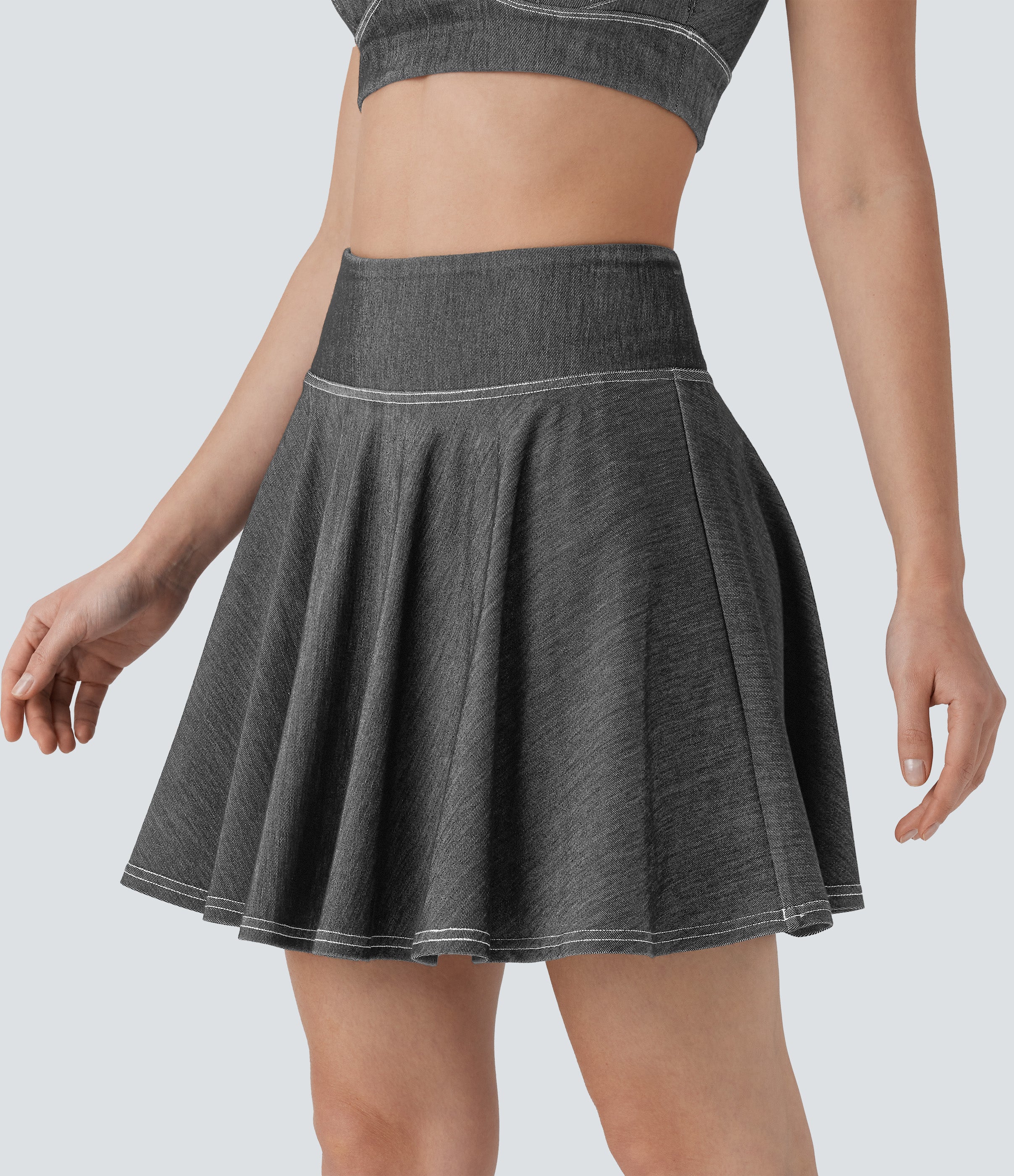 FlexTM High Waisted 2-in-1 Cool Touch Washed Stretchy Knit Denim Mini Tennis Skirt with Pockets