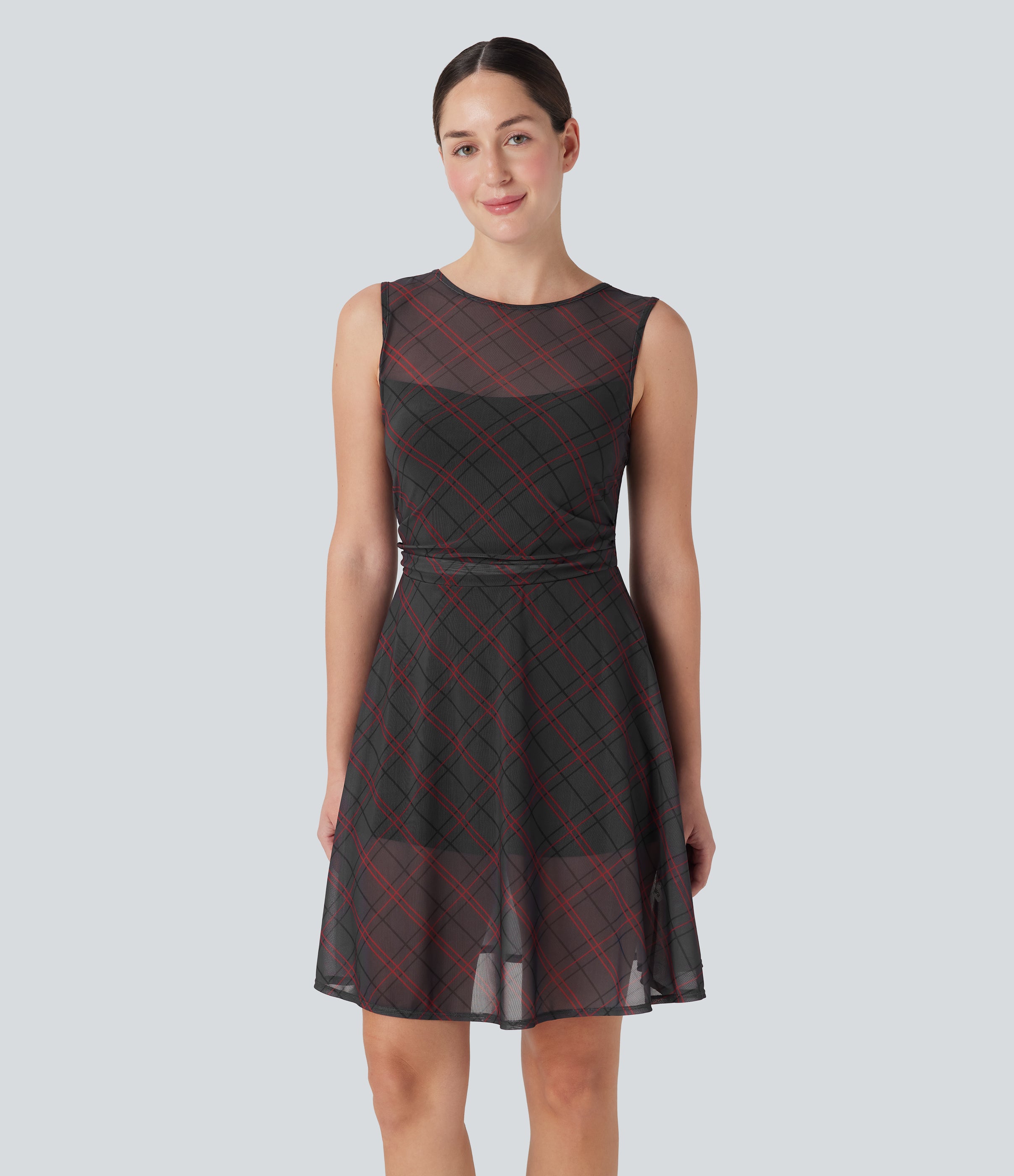 Sleeveless Plaid Contrast Mesh 2-in-1 Mini Casual Dress with Pocket