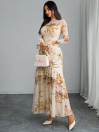 Women's Gothic Elegant Sexy Mesh Splicing Colorful Print Retro Petal Sleeves Ruffle Mermaid Hem Double Layer Dress