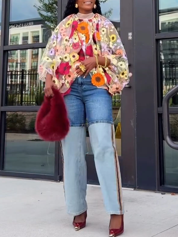 Fashion Bleach Wash Color Blocked Jeans