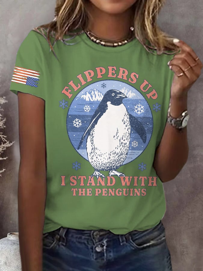 🔥Buy 3 Get 15% Off🔥Retro Flippers Up I Stand With The Penguins Resist Tariffs Print T-Shirt