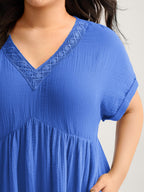 Pure Cotton Lace V-Neck Solid Mini Dress