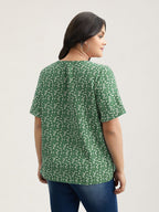 Floral Ruffle Sleeve Gathered Round Neck Blouse
