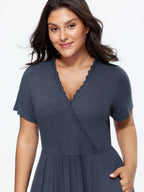 Supersoft Lace Trim Ribbed Wrap Neckline Midi Dress