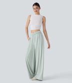 Mid Rise Crossover Ruched Wide Leg Casual Pants with Pockets