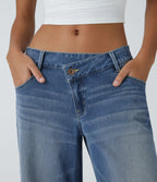 FlexTM Asymmetric Low Rise Zipper Pockets Baggy Wide Leg Washed Casual Jeans