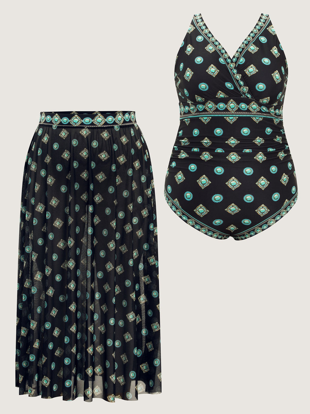 Geometric Print Pleated Tummy-Control One-Piece Swimsuit