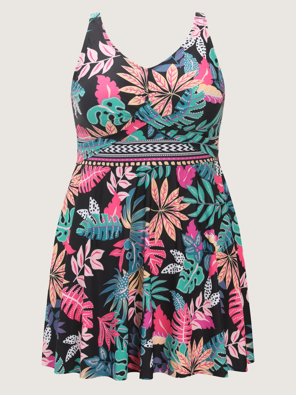 Playful Tropical Floral Print Pockets Swim Dress